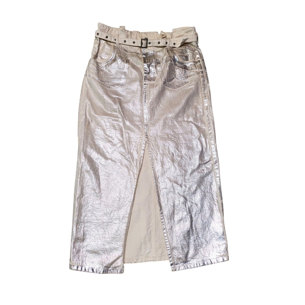 Zara Metallic Silver Denim Maxi Skirt Belted Front Slit Cream XXL 34